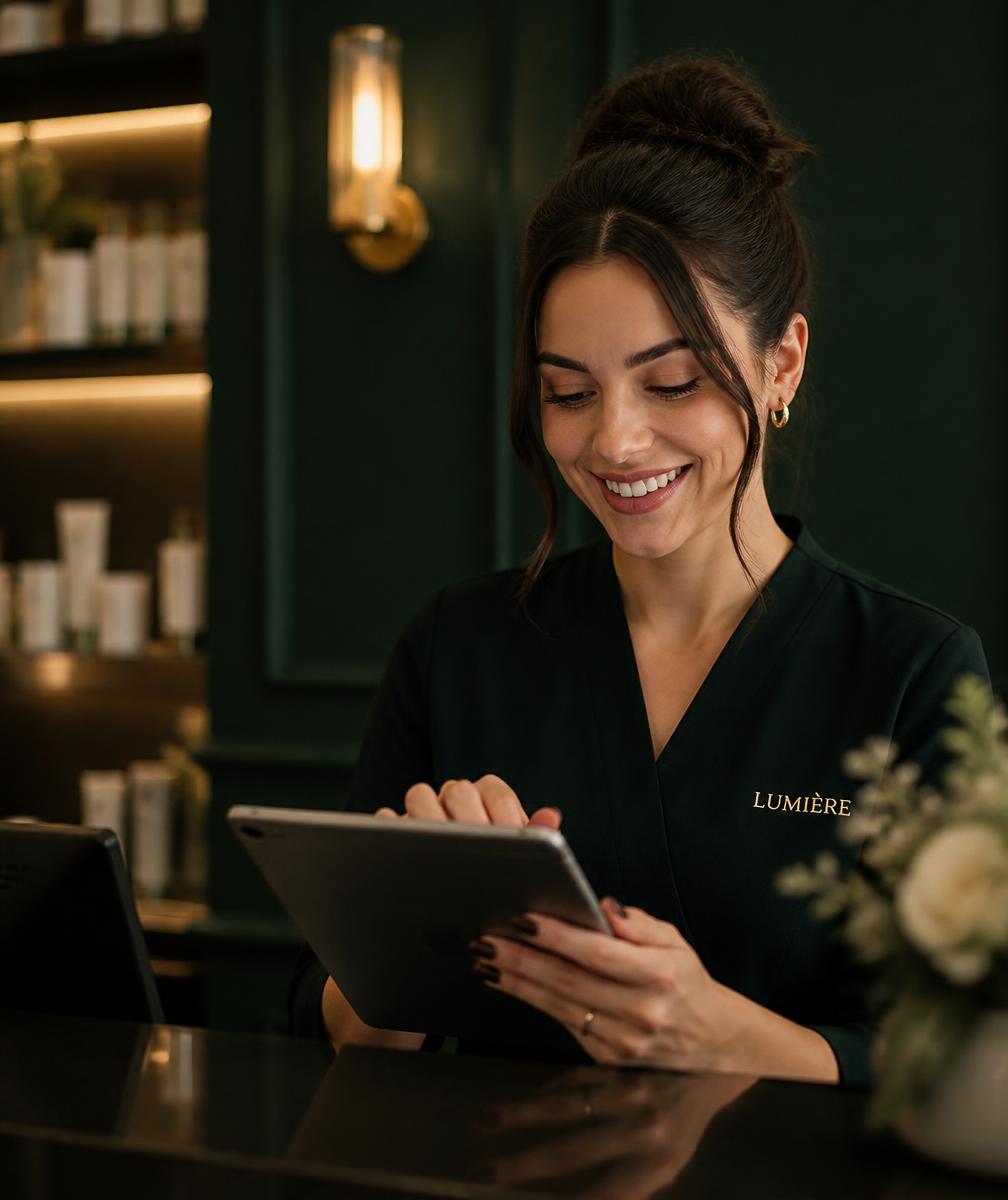 Profissional de estética usando o SallonApp em um tablet na recepção